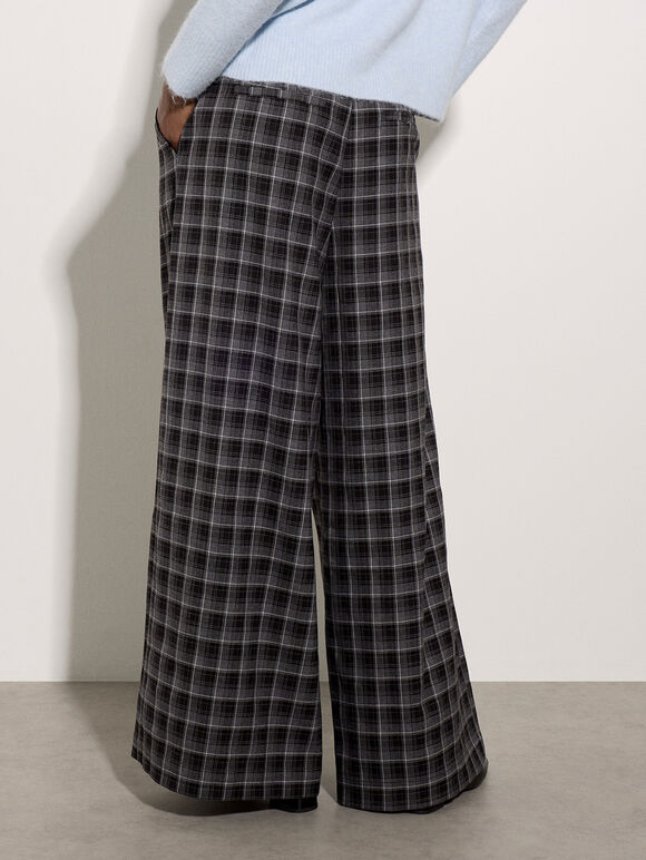 Check Print Tailored Wide-Leg Trousers, Black, large