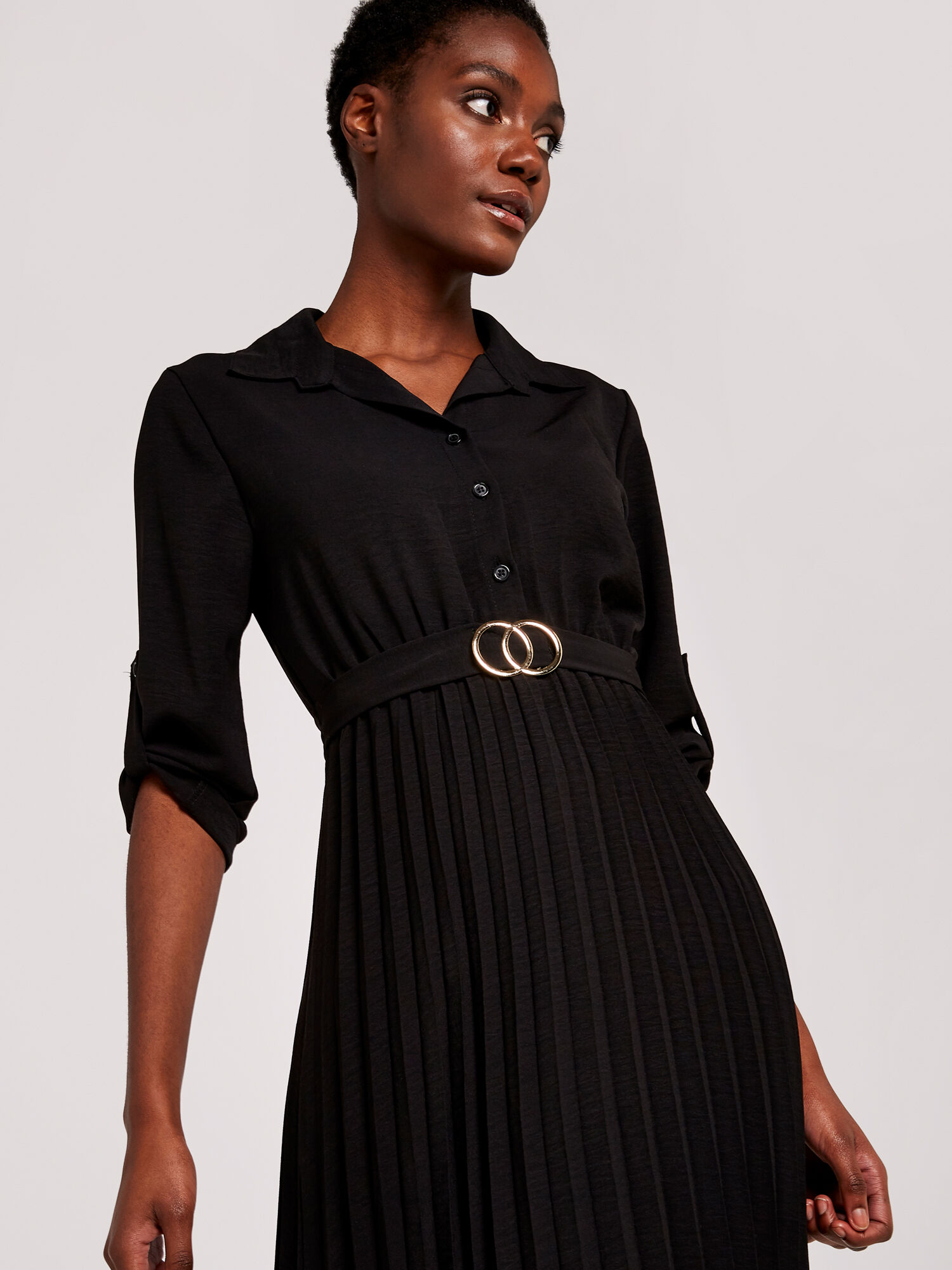 Pleated midi deals dress black