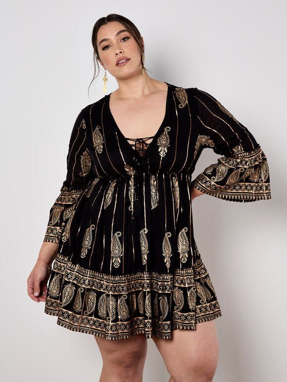 Paisley Shimmer Mini Dress, Black, large
