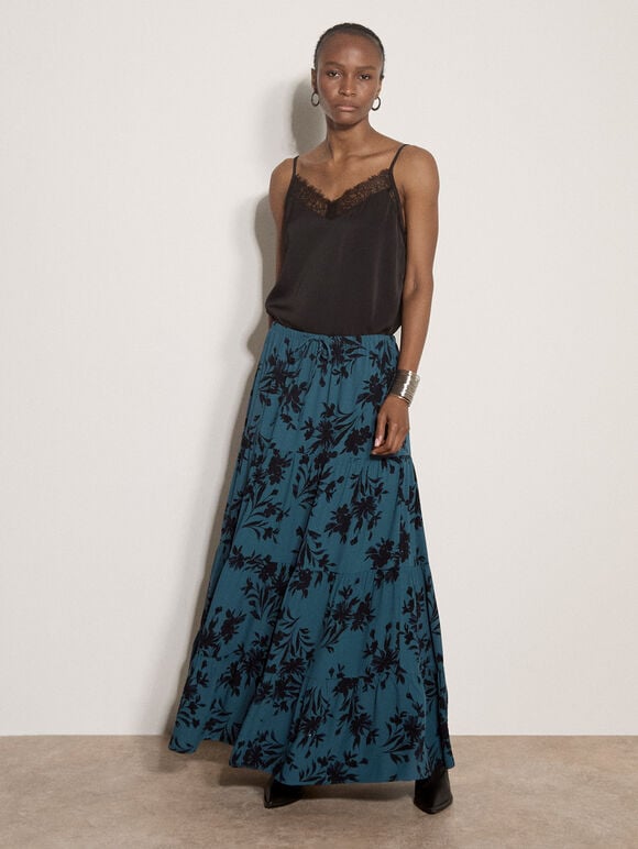 Floral Silhouette Crepe Maxi Skirt, Teal, large
