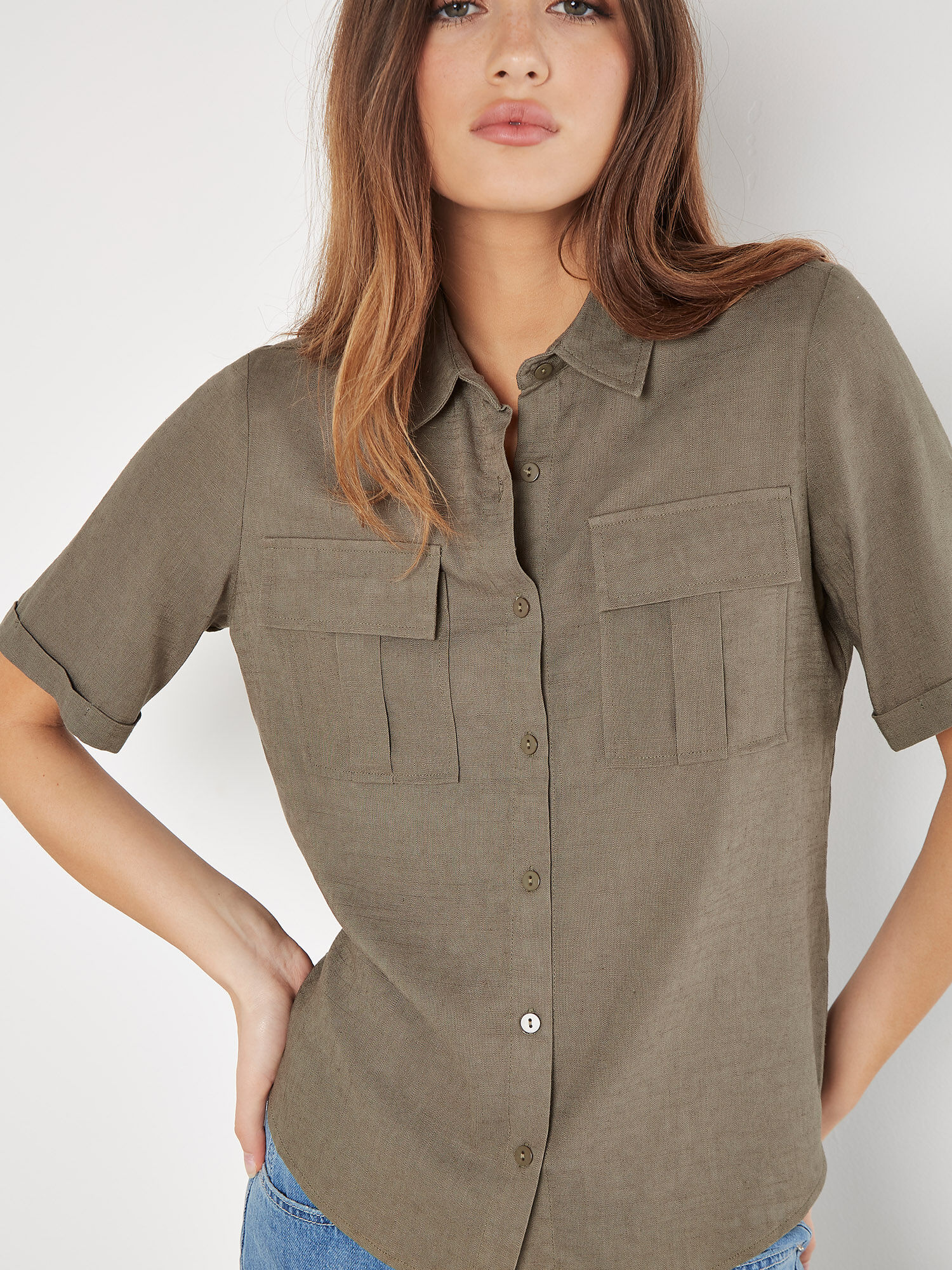 Linen Blend Short Sleeve Shirt Apricot Clothing