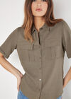 Linen Blend Short Sleeve Shirt, Khaki, large