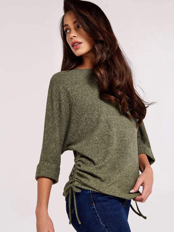 Soft Touch Drawstring Batwing Top, Khaki, large