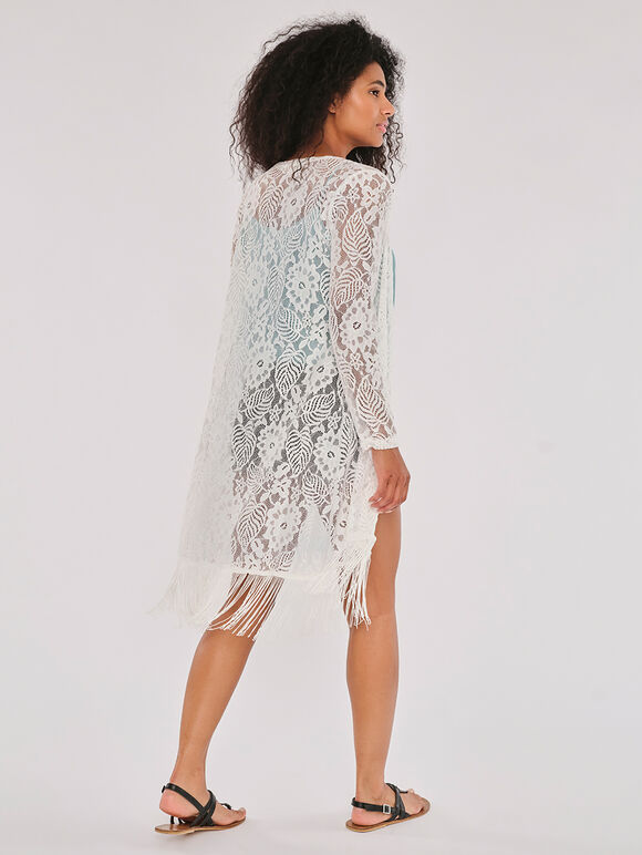 Lace Fringed Long Sleeve Cover Up, Cream, large