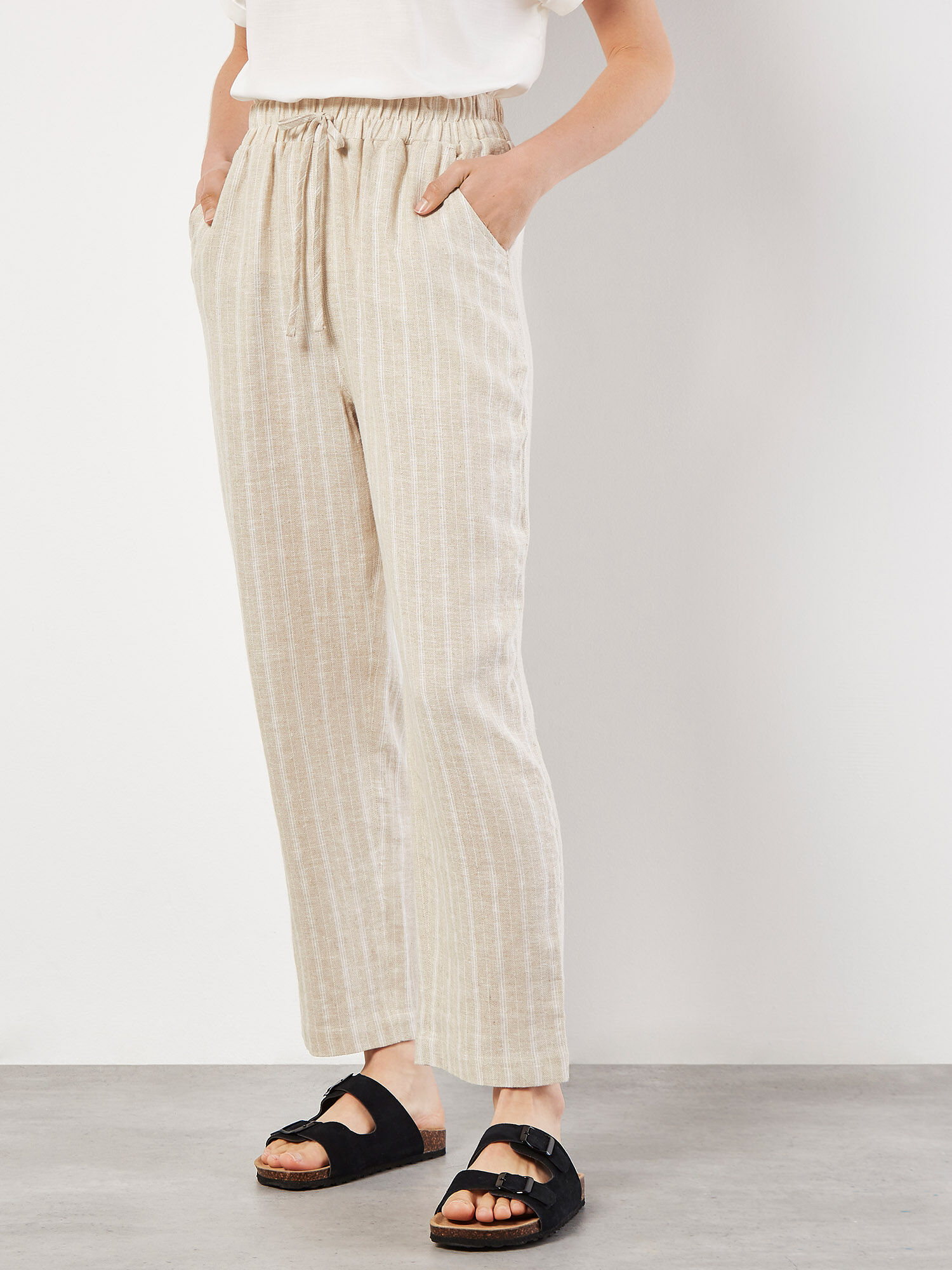 Linen Blend Stripe Joggers Apricot Clothing