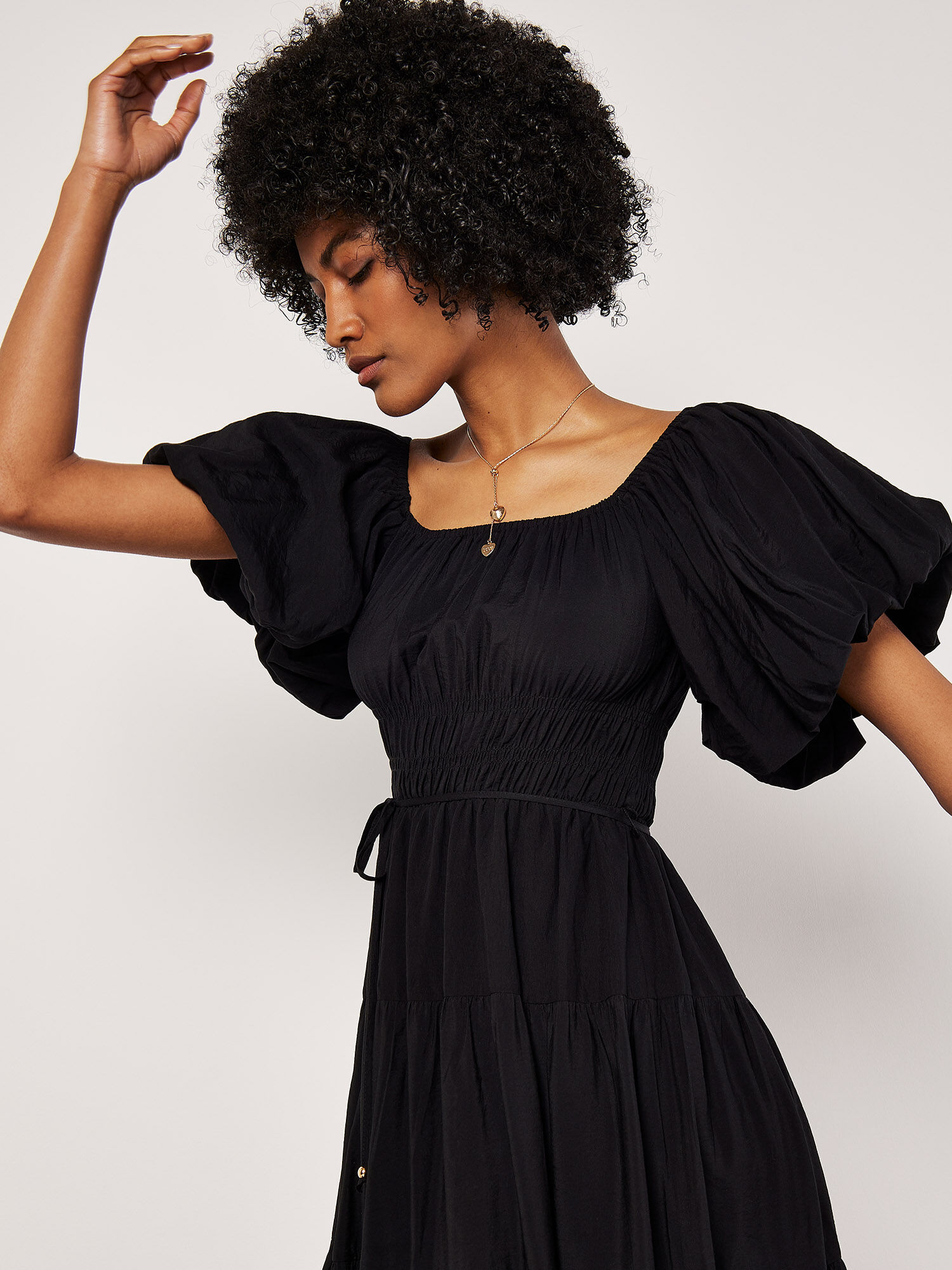 Puff Sleeve Tiered Midi Dress Apricot Clothing
