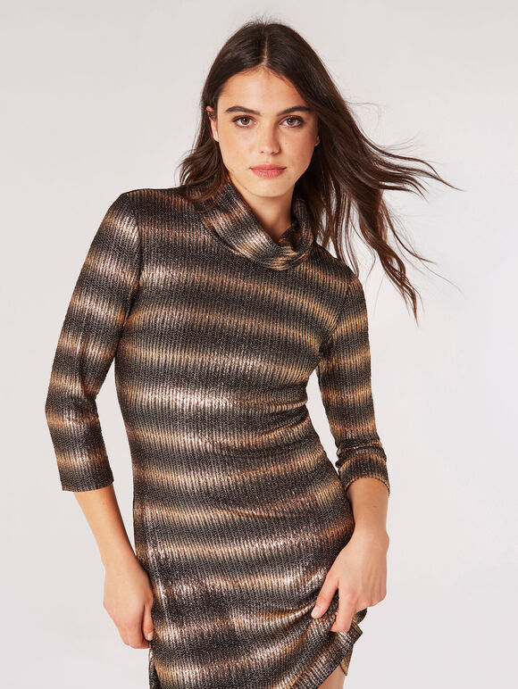 Metallic Stripe Shift Mini Dress, Black, large