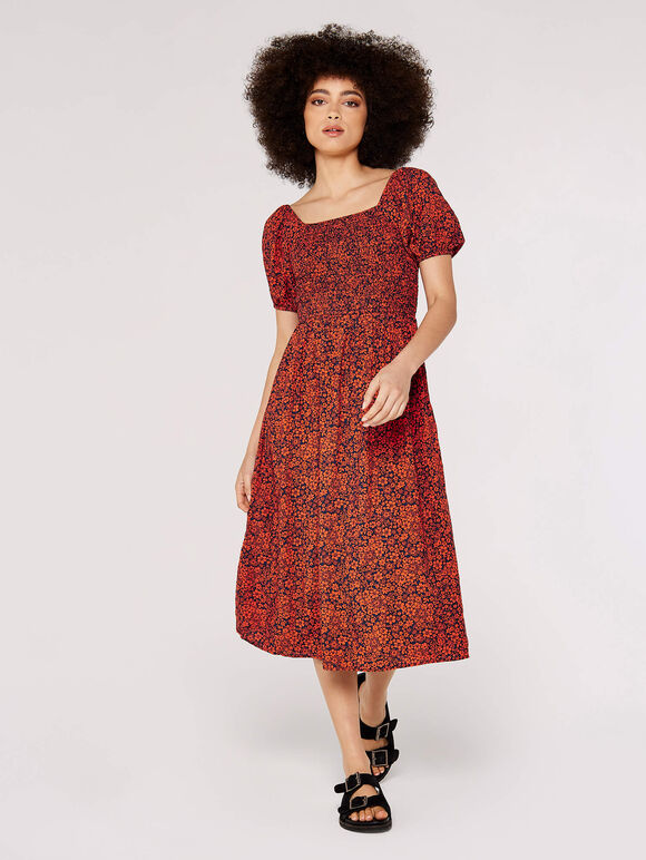 Ditsy Puff Sleeve Midi Dress, Navy, large
