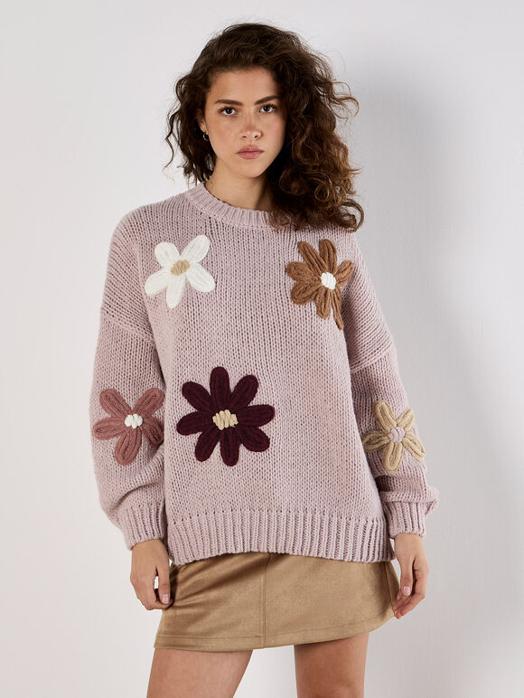 Embroidered Flower Jumper, Pink, large