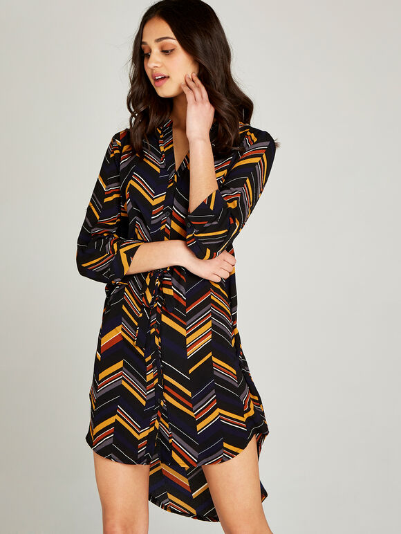 Black Spliced Stripe Ripple Shirt Dress, Black, large