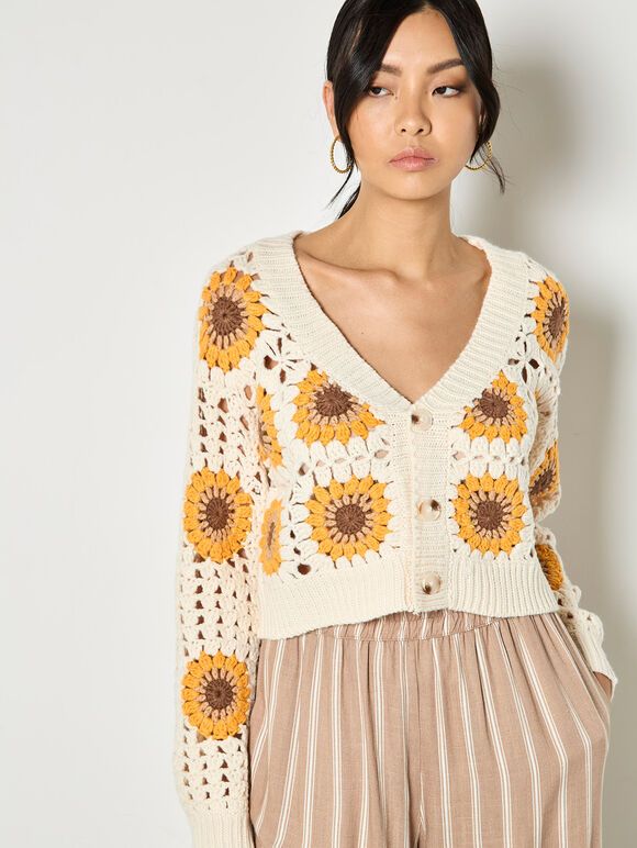 Sunflower Hand-Knit Crochet Cardigan, Stone, large