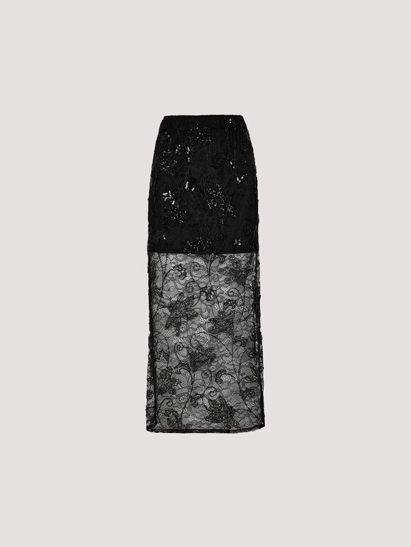 Floral Beaded Lace Midi Skirt, Black, large