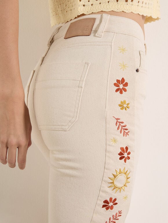 Lulu Floral Embroidered Flare Jeans, Cream, large
