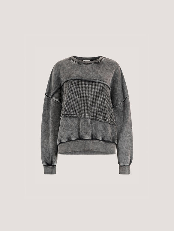 Waffle Panel Washed Cotton Sweatshirt, Grey, large