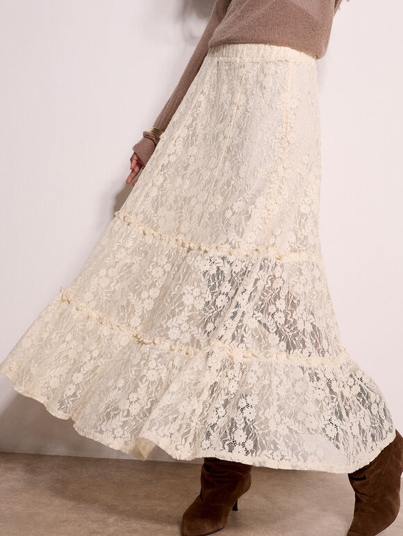 Cotton-Blend Lace Tiered Midi Skirt, Cream, large