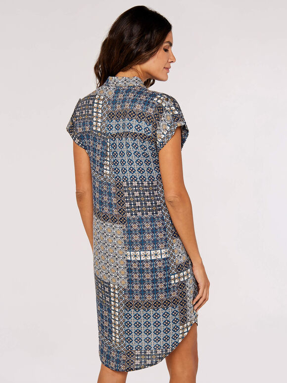Patchwork Shirt Mini Dress, Navy, large