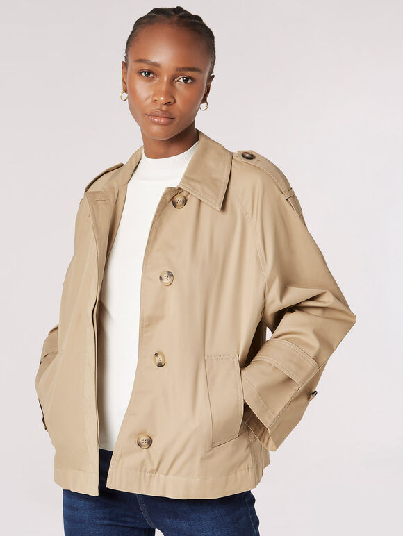 Short Cotton Trench Coat, Stone, large