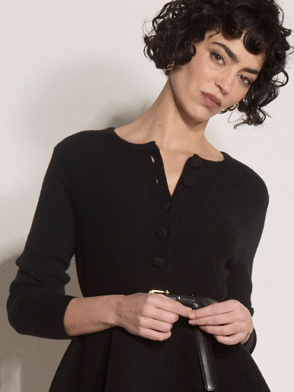 Peplum Hem Rbbed Knit Cardigan, Black, large