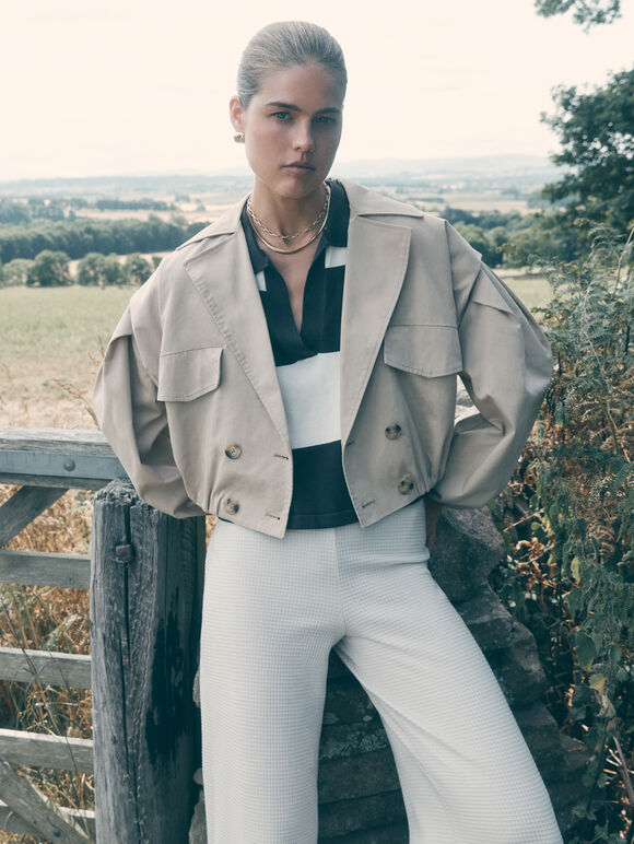 Cropped Trench Coat, Stone, large