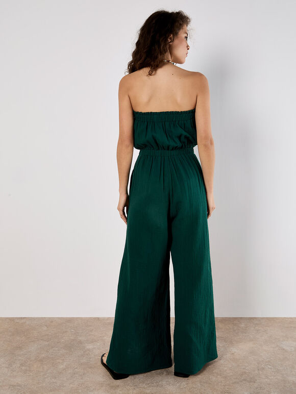 Cotton Wrap Bandeau Jumpsuit, Green, large