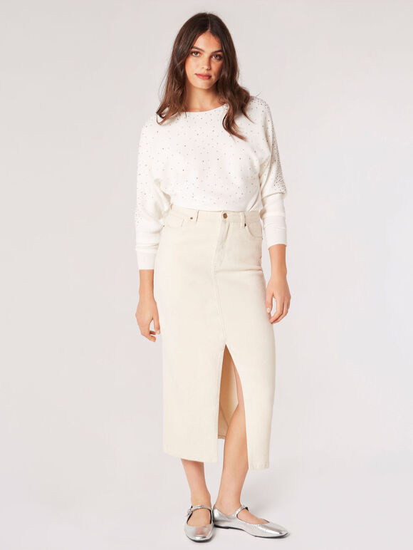 Batwing Sleeve Studded Jumper, White, large