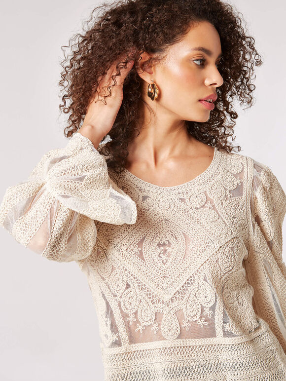 Cotton Embroidered Mesh Top, Stone, large