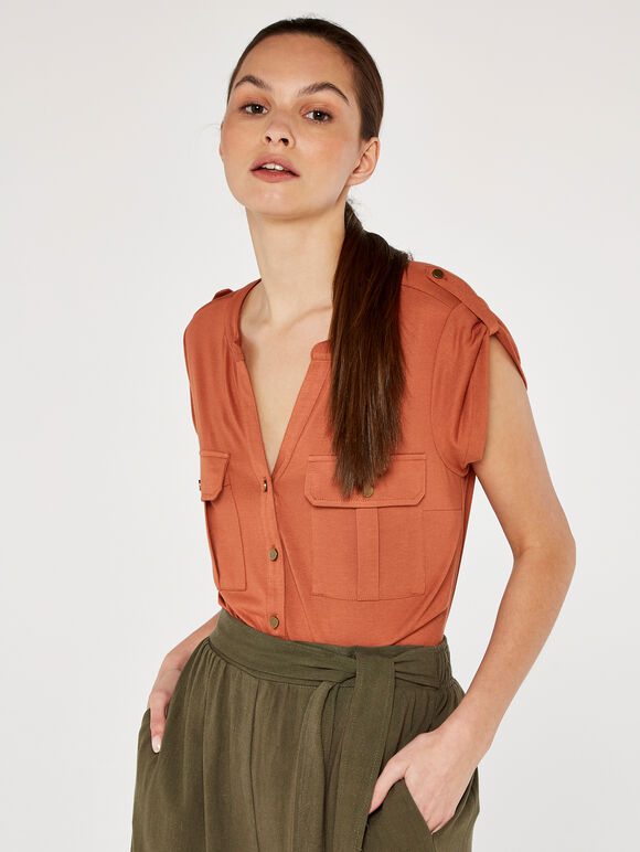 Pocket Vneck Military Top, Rust, large