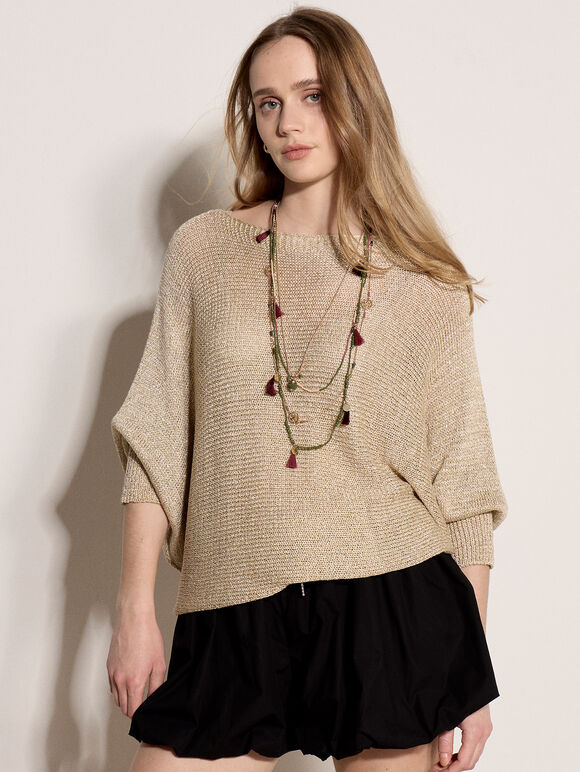 Gold Shimmer Open Knit Jumper, Mustard, large