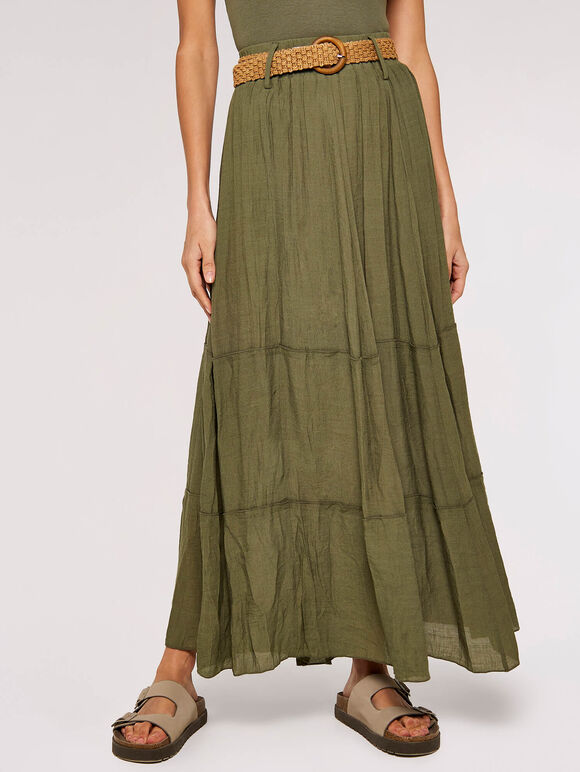 Slub Shimmer Maxi Skirt, Khaki, large