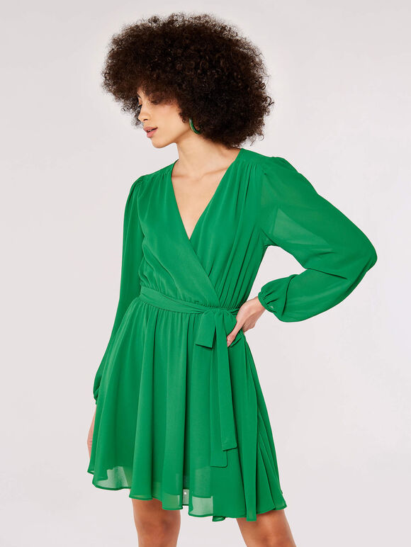 Chiffon Wrap Mini Dress, Green, large