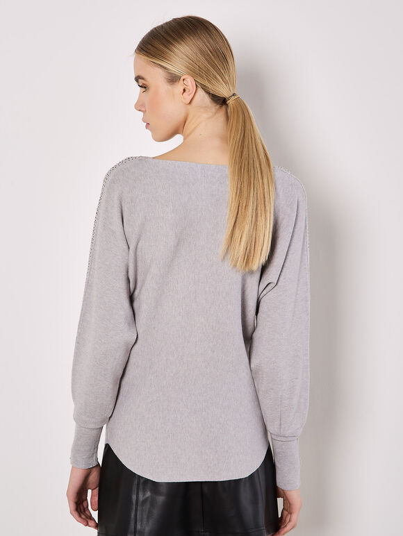 Batwing Sleeve Studded Jumper, Grey, large