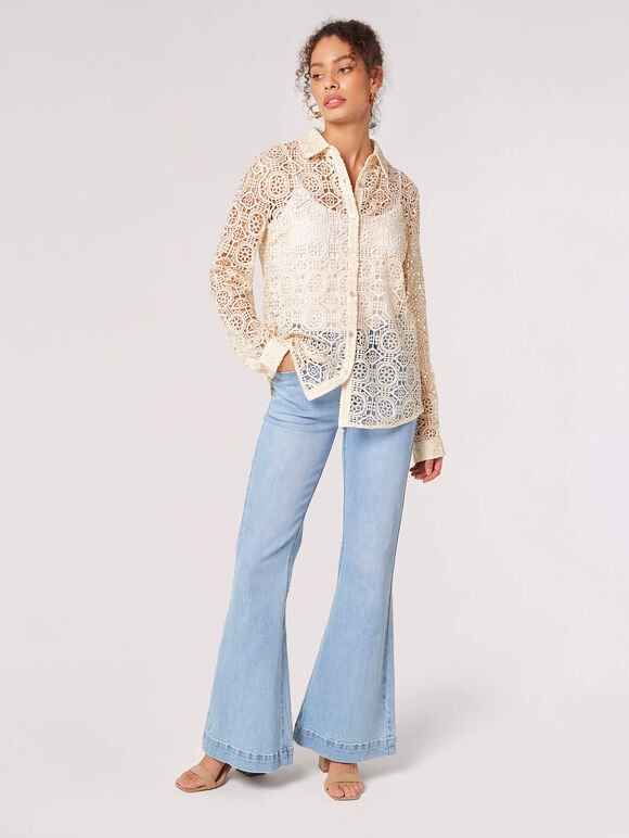 Geometric Guipure Lace Shirt, Stone, large