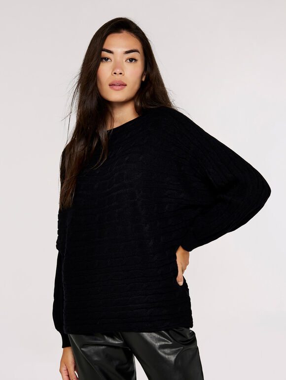Cable Stripe Batwing Aran Jumper, Black, large
