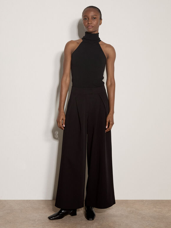 Wide-Leg Pleated Tailored Trousers, Black, large