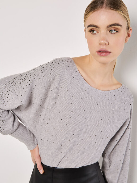 Batwing Sleeve Studded Jumper, Grey, large