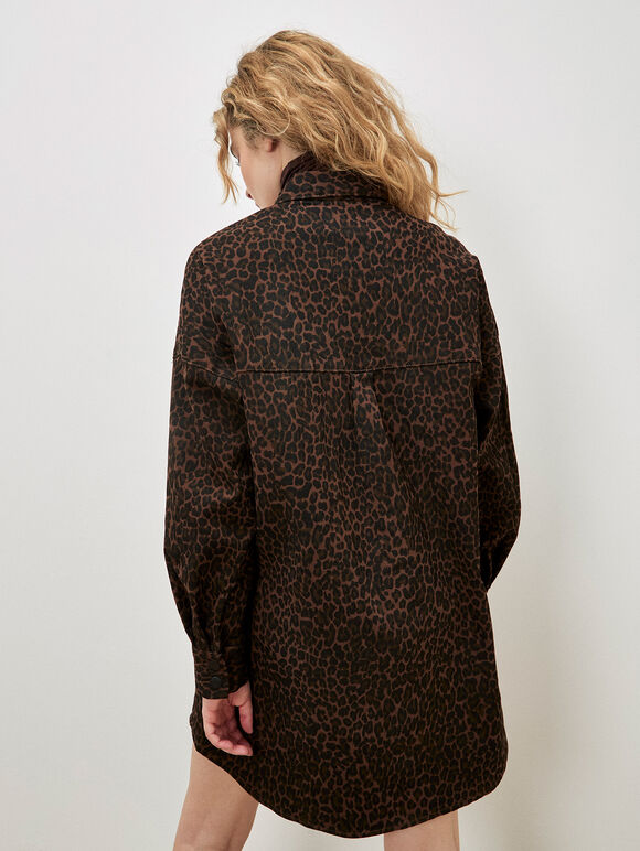 Leopard Denim Shacket Mini Dress, Brown, large