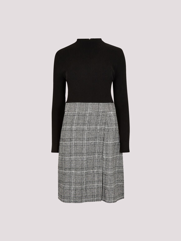 Ribbed Knit Check Skirt Mini Dress, Black, large