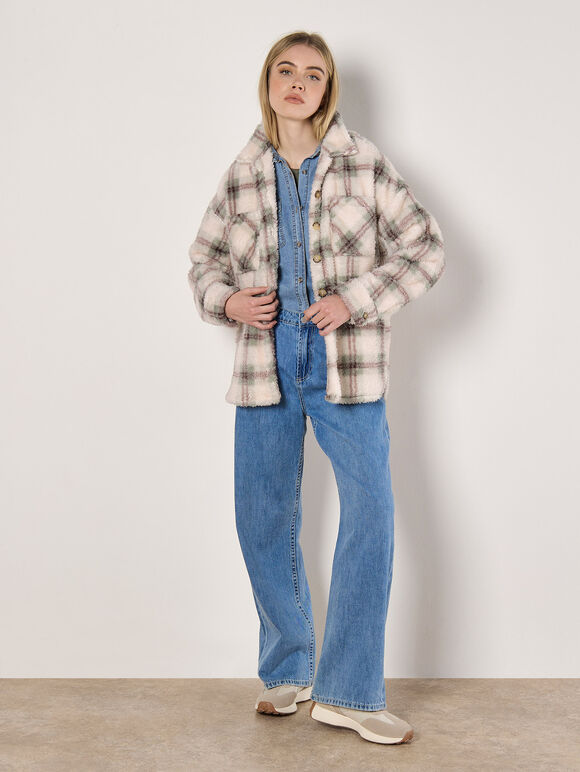 Check Print Fleece Shacket, Stone, large