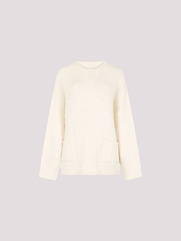 Oversized Boucle Patch Pocket Jumper, Cream, large