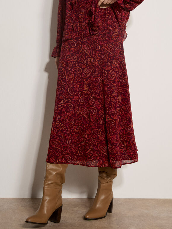 Chiffon Paisley A-Line Midaxi Skirt, Burgundy, large