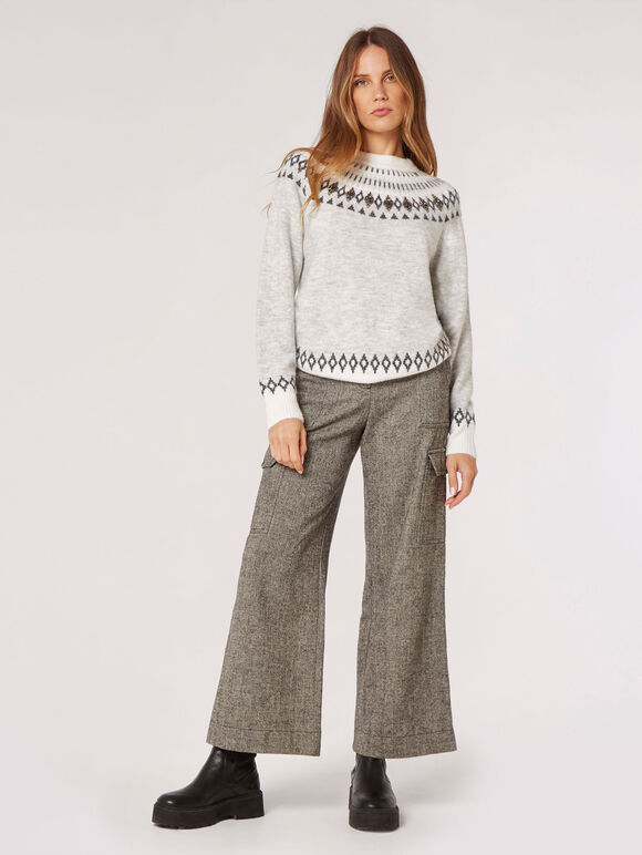 Fair Isle Gem Embellished Jumper, Grey, large
