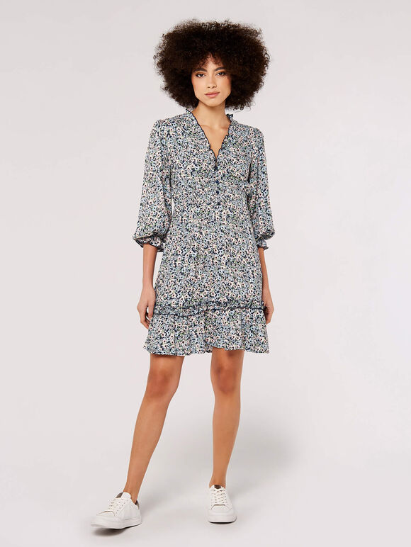 Ditsy Puff Sleeve Mini Dress, Navy, large