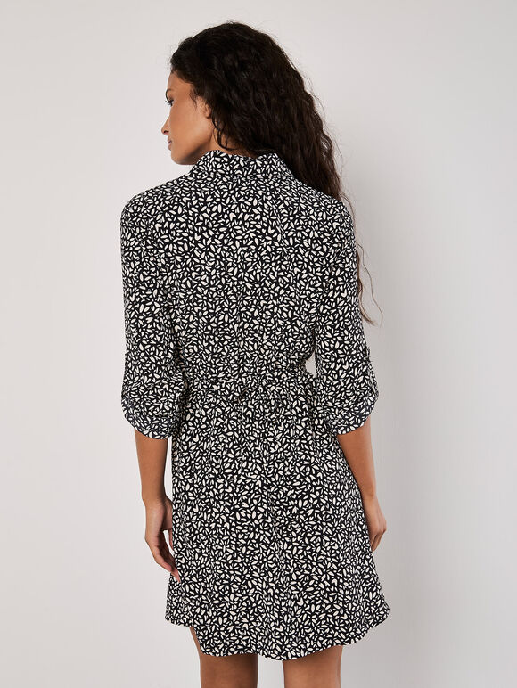 Petal Print Belted Shirt Mini Dress, Stone, large