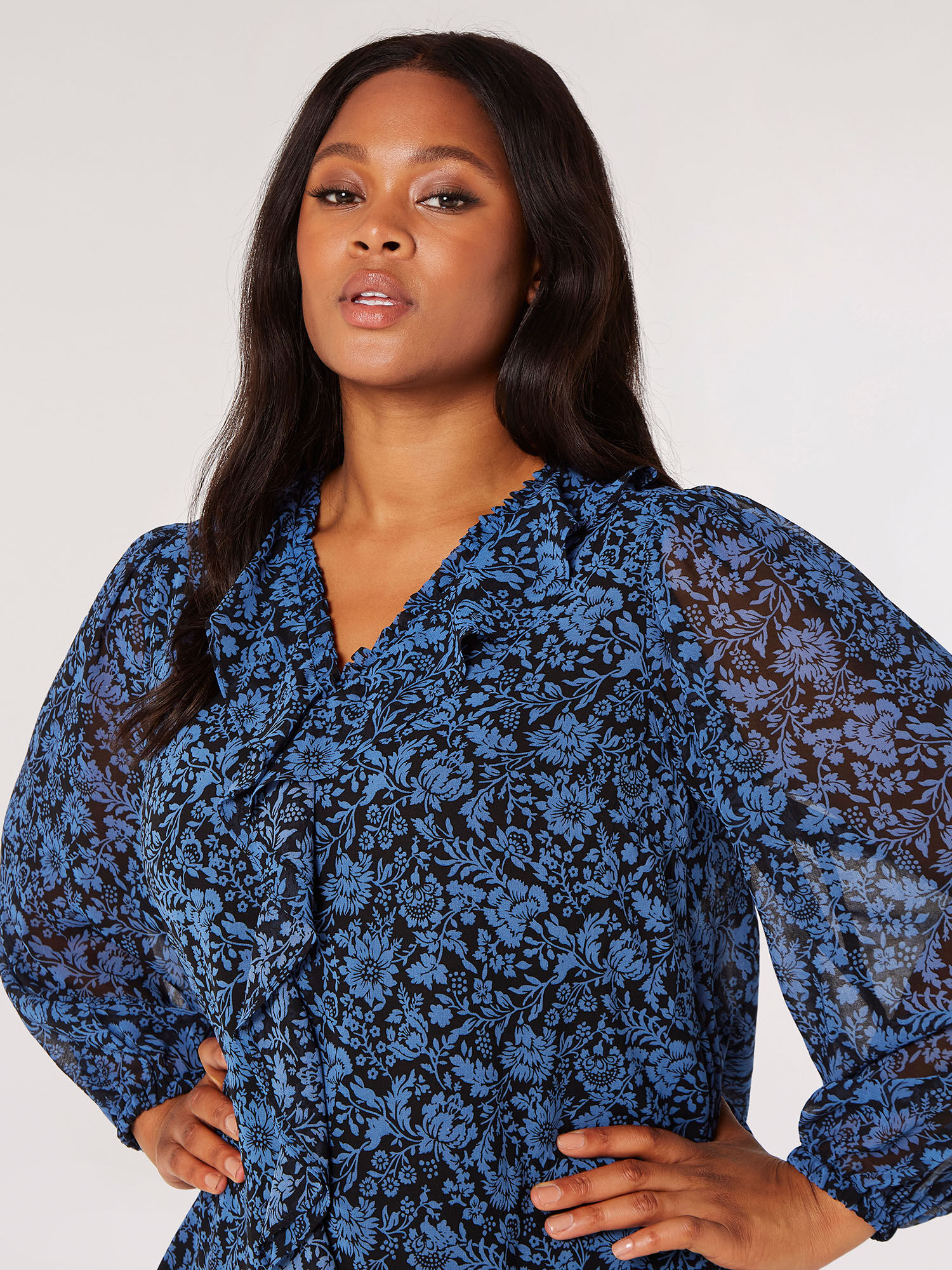 Curve Floral Silhouette Ruffle Blouse Apricot Clothing