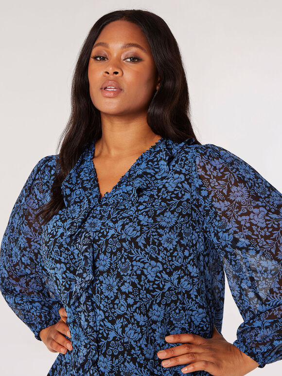 Curve Floral Silhouette Ruffle Blouse, Blue, large