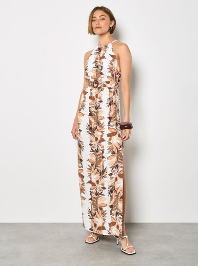 Tropical Leaf Halter Neck Maxi Dress