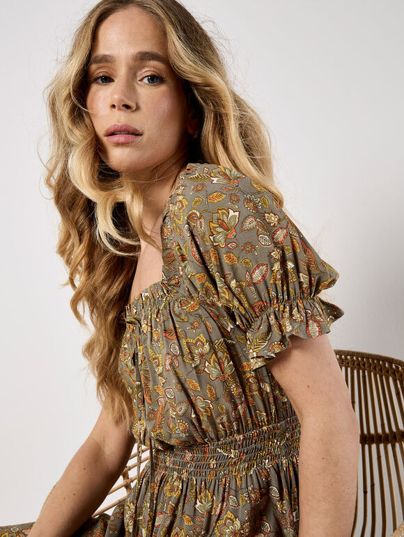 Sarasa Floral Milkmaid Midi Dress, Khaki, large
