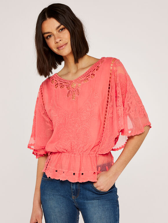 Floral Embroidery Top with Lace, Coral, large