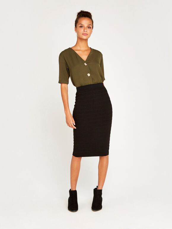 Black Ribbed Bodycon Pencil Skirt, Black, large
