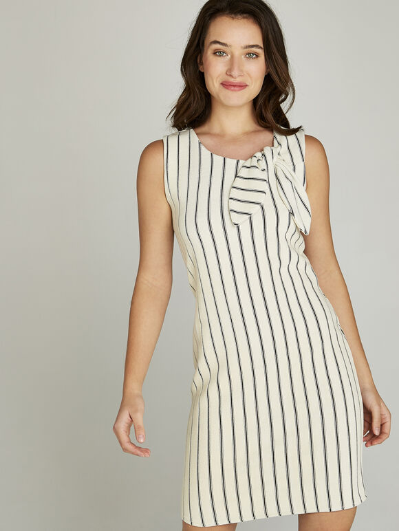 Vertical Stripe Bow Tie Neck Dress, Cream, large